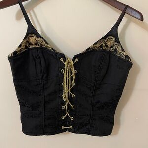 Vintage Black and Gold Brocade Whimsigoth Victorian 1990 Y2K Corset Top